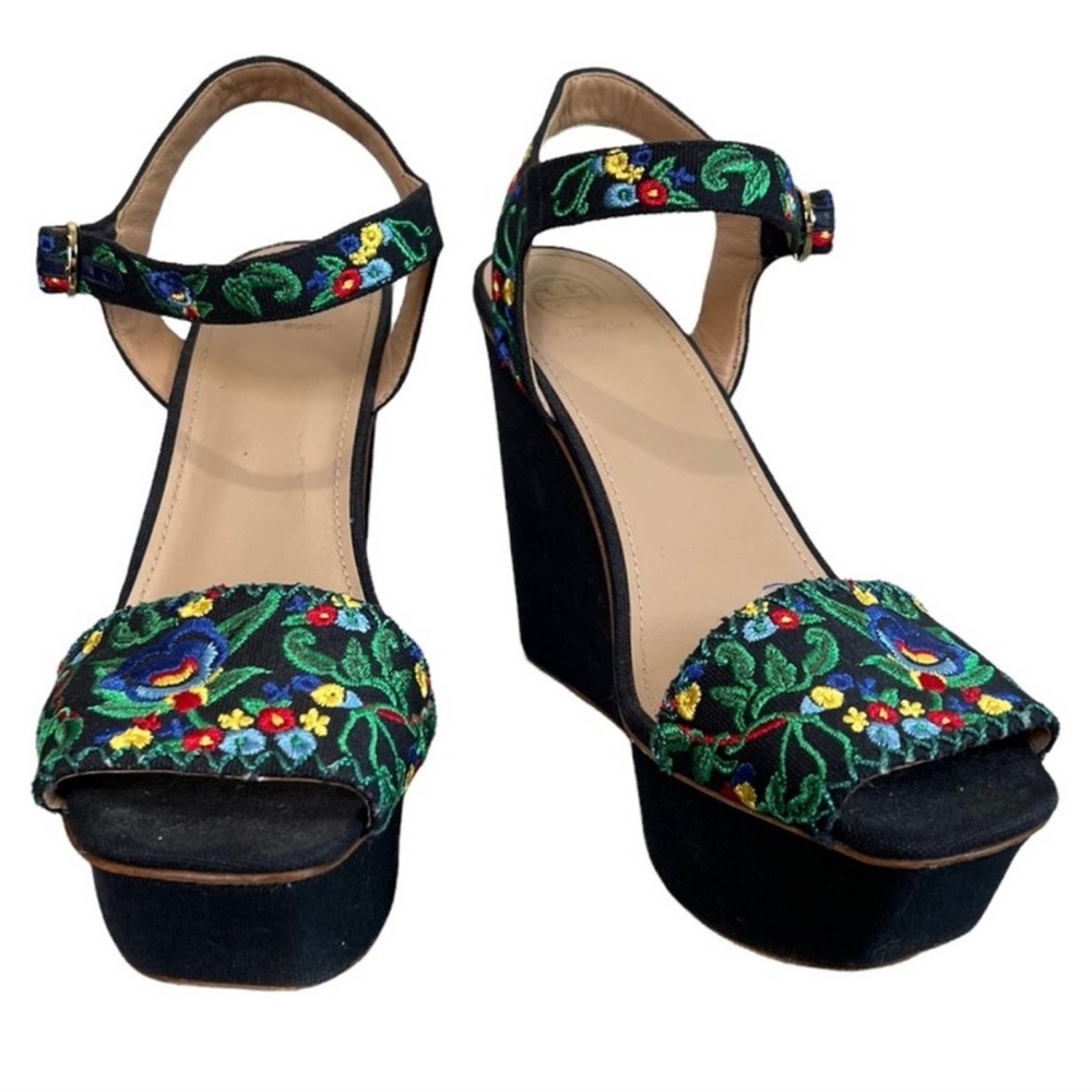 Tory Burch Sonoma Floral Embroidered Ankle Strap Wedge Sandal